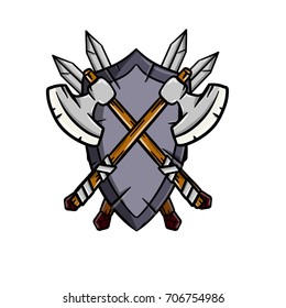 cartoon shield crossed sword axe