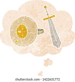 escudo de dibujos animados y espada con burbuja de pensamiento en un estilo retro angustiado y con textura estrafalaria