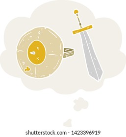 escudo de dibujos animados y espada con burbuja de pensamiento en estilo retro