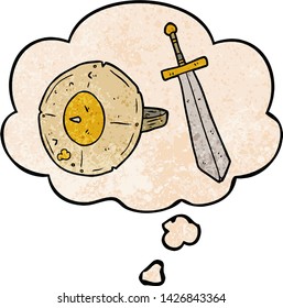 cartoon shield and sword with thought bubble in grunge texture style