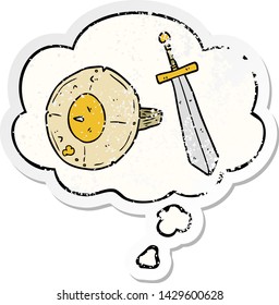 Cartoon-Schild und Schwert mit Denkblase als bedrückter abgenutzter Aufkleber