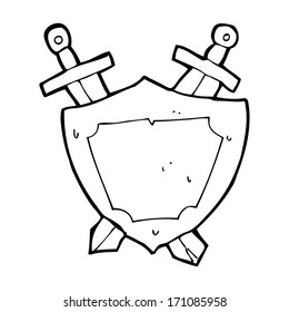 Karikaturenschild und Schwerter