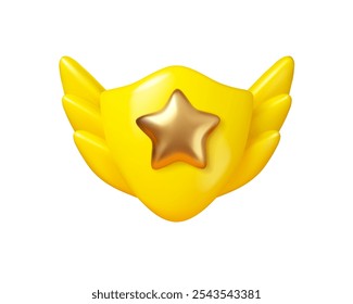 Cartoon Shield vector 3d icon. Yellow award badge with wings and gold star isolated on white background. Level up or high rank trophy symbol