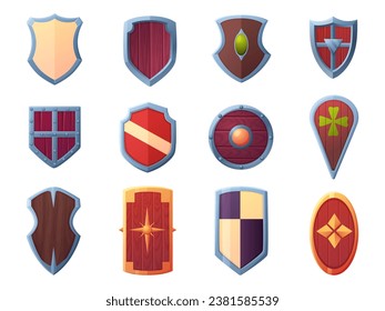 Escudos de dibujos animados. Elementos aislados de escudo de juegos, iconos medievales de seguridad de guerreros. Colección de guardianes de madera militar, hoy en día vector ui conjunto de diseño