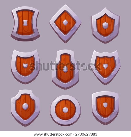 Cartoon shields. Medieval items for knight protection exact vector armor and weapons