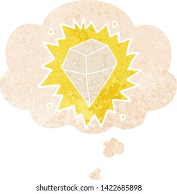 cartoon shining crystal with thought bubble in grunge distressed retro textured style