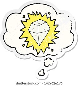 caricatura que brilla cristal con burbuja de pensamiento como pegatina gastada angustiada