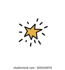 Cartoon shining star. Hand drawn yellow star with rays. Vector stock illustration of celestial element isolated on white background.