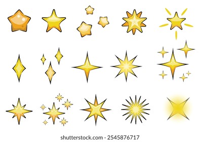 Estrellas brillantes de dibujos animados. Conjunto de estrellas brillantes amarillas. Ilustración vectorial sobre fondo blanco.