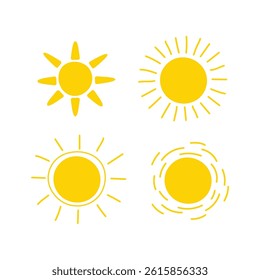Cartoon shining Sun icons isolated background. Hand drawn vector doodle with Summer symbols, day-star rays, sunny weather. Design illustration for logo, sign, label, print, paper, card. Weather, heat