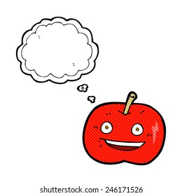 caricatura manzana brillante con burbuja de pensamiento