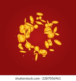 Cartoon Shiny Currency Vector Red Background. Gold Jackpot Paper Design. Metal Finance Flyer. Fly Cash Certificate.