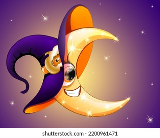 Cartoon shiny Halloween witch moon in the witch hat with pumpkin belt in night sky