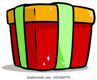Cartoon shiny red present gift box with green ribbon. Vector icon.