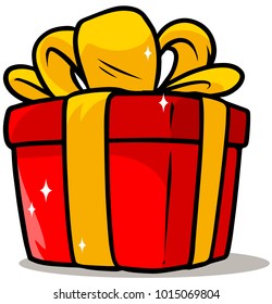 Cartoon shiny red present gift box with yellow ribbon. Vector icon.