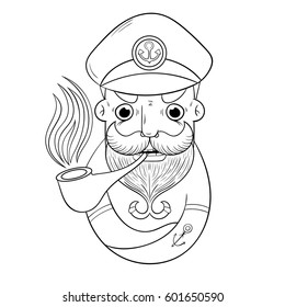 cartoon ship captain Smoking a pipe. vector illustration, book coloring. design character.