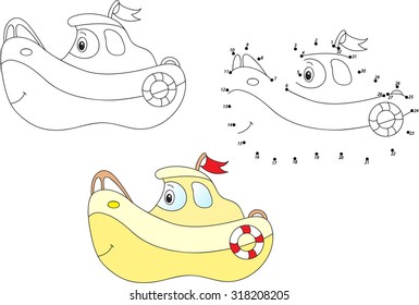 Cartoon ship. Coloring and dot to dot educational game for kids. Vector illustration
