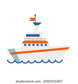 A cartoon ship with a flag on top. The flag is orange and white