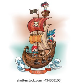 Cartoon Ship on a waves with pirates. Vector illustration.