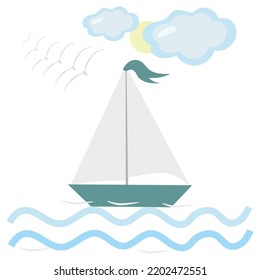 A cartoon ship with a sail floats against the background of waves. The sea is a pretty boat. Vector illustration in children's style. Isolated funny clipart.