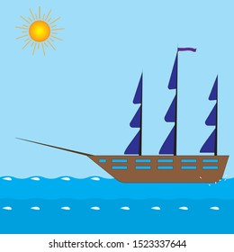 Cartoon ship at sea.  Vector graphics.  Flat vector icon. 