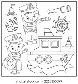 Cartoon ship or steamer. Sailors or seamen with spyglass and lifebuoy. Images of sea transport for children. Profession. Coloring book for kids