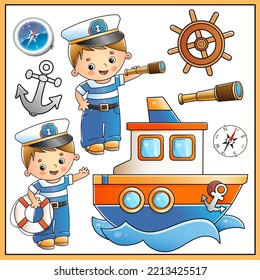 Cartoon ship or steamer. Seaman or sailor with lifebuoy, spyglass, anchor and helm. Images of sea transport for children. Profession. Colorful vector set of illustrations for kids.