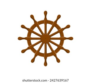 Cartoon ship steering wheel. Isolated vector wooden boat helm with polished spokes, vintage, circular nautical rudder, commands the vessel course. Game asset, maritime sailing item