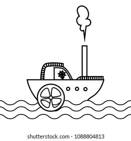 Cartoon ship with waterwheel sailing on sea isolated on white vector illustration