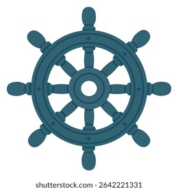 Cartoon ship wheel in flat marine style. Vector illustration with dark blue color and details.