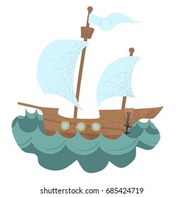 Cartoon ship with white sails on isolated background.