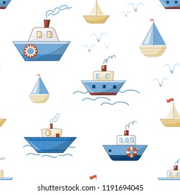 cartoon ships, boats, steamers and yachts with waves and seagulls vector seamless pattern