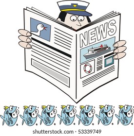 Cartoon of ship's captain reading latest shipping news with border of decorative fish beneath.