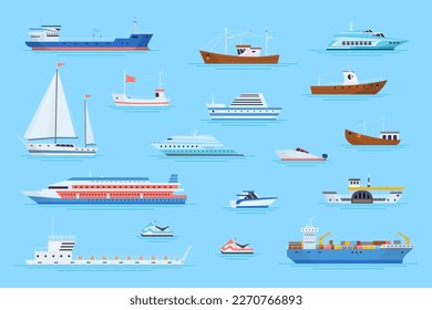 Cartoon ships harbor. Marine carrier boats on river ferry port dock side view, ocean tanker cargo container nave yacht sailboat speedboat cruise vessel vector illustration of carrier vessel cargo