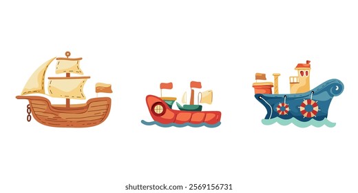 cartoon ships set, vector illustration 