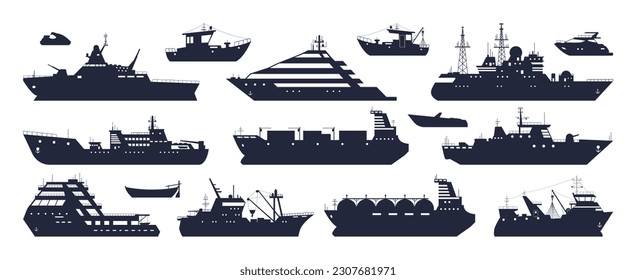 Cartoon ships silhouettes. Sea boats and sailing ships, motorboats and fishing trawlers. Flat vector illustration set