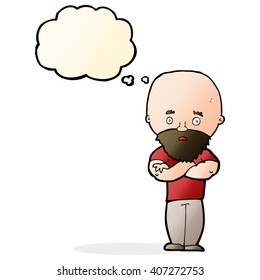 cartoon shocked bald man with beard with thought bubble