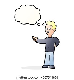 cartoon shocked boy pointing with thought bubble