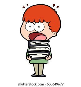Cartoon schockierte Junge mit Stapel Büchern