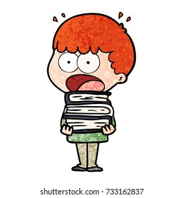 cartoon shocked boy with stack of books