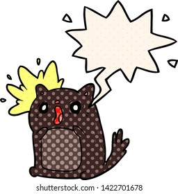 cartoon shocked cat amazed with speech bubble in comic book style