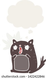 cartoon shocked cat with thought bubble in retro style