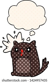 cartoon shocked cat with thought bubble in comic book style