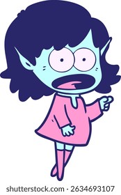 desenho animado elfo chocado menina apontando em cores neon brilhantes
