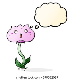 caricatura de una flor impactada con burbuja de pensamiento