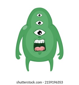 Cartoon shocked green monster. halloween vector illustration, isolated cartoon on white background. monster many eyes