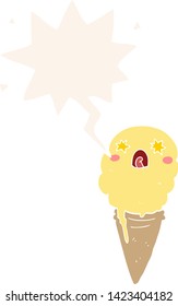 cartoon shocked ice cream with speech bubble in retro style