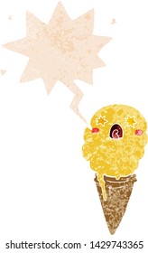 cartoon shocked ice cream with speech bubble in grunge distressed retro textured style