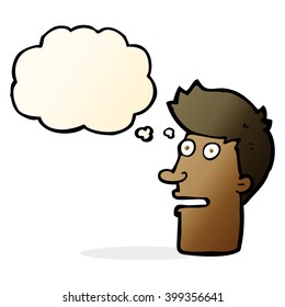cartoon shocked male face with thought bubble