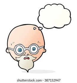 caricatura impactó a un hombre con barba con burbuja de pensamiento